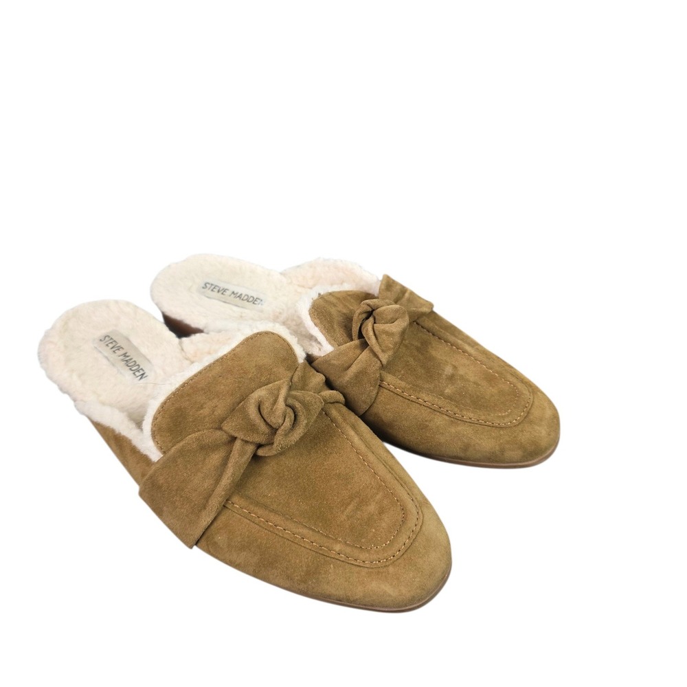 Steve Madden Mules Women 8.5 Tan Good Suede Faux Fur Knot Slip On